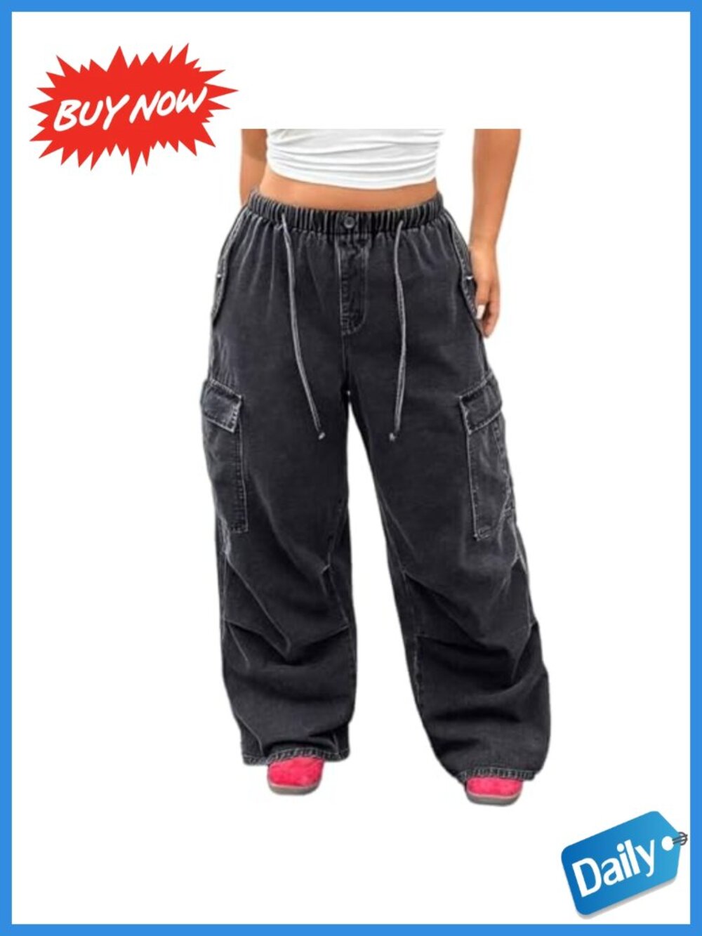 Plus Size Baggy Wide Leg Cargo Jeans High Rise Drawstring Denim Pants